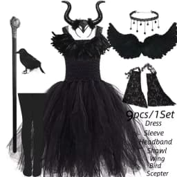 Handmade Tutu Princess Dress Girls Cosplay Costume Evil Queen Black Mesh Children's Carnival Party Wand Demonic Witch Dress