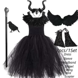 Handmade Tutu Princess Dress Girls Cosplay Costume Evil Queen Black Mesh Children's Carnival Party Wand Demonic Witch Dress