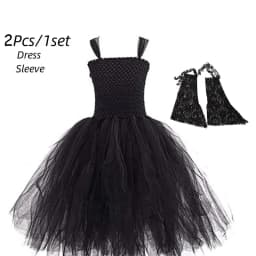 Handmade Tutu Princess Dress Girls Cosplay Costume Evil Queen Black Mesh Children's Carnival Party Wand Demonic Witch Dress