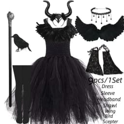 Handmade Tutu Princess Dress Girls Cosplay Costume Evil Queen Black Mesh Children's Carnival Party Wand Demonic Witch Dress