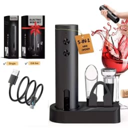 Rechargeable Electric Wine Opener with Foil Cutter, Wine Pourer & Vacuum Stopper USB-C Charging Compact Design for Home Kitchen
