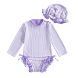 MISOWMNJOY Infant Baby Girls Summer Swimsuit with Hat Toddler Striped Long Sleeve Zipper Bathing Suit Children Beach Swimwear