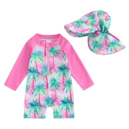 Toddler Girls Boys Beach Wear Kids Swimwear Summer Long Sleeve Floral/Tropical Print Zip Up Bathing Suits with Hat For Swimsuit