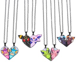 2-piece cute Eevee cartoon pendant necklace with heart patchwork, anime-style metal necklace
