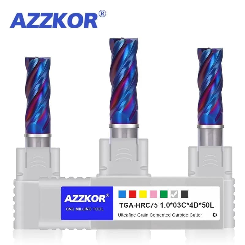 AZZKOR TGA-HRC75 4-Flute Blue Nano Coating Falt Milling Cutter Tungsten Steel Carbide CNC Mechanical Center End Mill Tools
