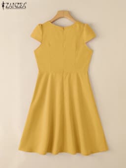 ZANZEA 2025 Summer Sundress Women O-Neck Waisted Dresses Elegant Short Sleeve Pleated Work Vestidos Solid Party Knee-Length Robe
