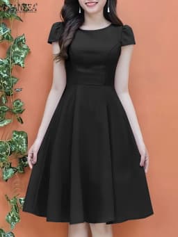 ZANZEA 2025 Summer Sundress Women O-Neck Waisted Dresses Elegant Short Sleeve Pleated Work Vestidos Solid Party Knee-Length Robe