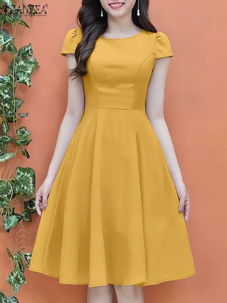 ZANZEA 2025 Summer Sundress Women O-Neck Waisted Dresses Elegant Short Sleeve Pleated Work Vestidos Solid Party Knee-Length Robe
