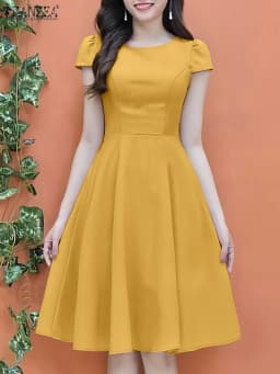 ZANZEA 2025 Summer Sundress Women O-Neck Waisted Dresses Elegant Short Sleeve Pleated Work Vestidos Solid Party Knee-Length Robe