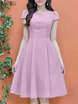 ZANZEA 2025 Summer Sundress Women O-Neck Waisted Dresses Elegant Short Sleeve Pleated Work Vestidos Solid Party Knee-Length Robe