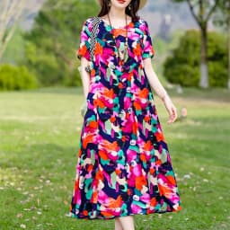 New Print plus size 2026 New Fashion Floral Printed Summer Dress Vestidos Elegant Short Sleeve Slim O-Neck Party Women clothing