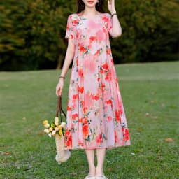 New Print plus size 2026 New Fashion Floral Printed Summer Dress Vestidos Elegant Short Sleeve Slim O-Neck Party Women clothing
