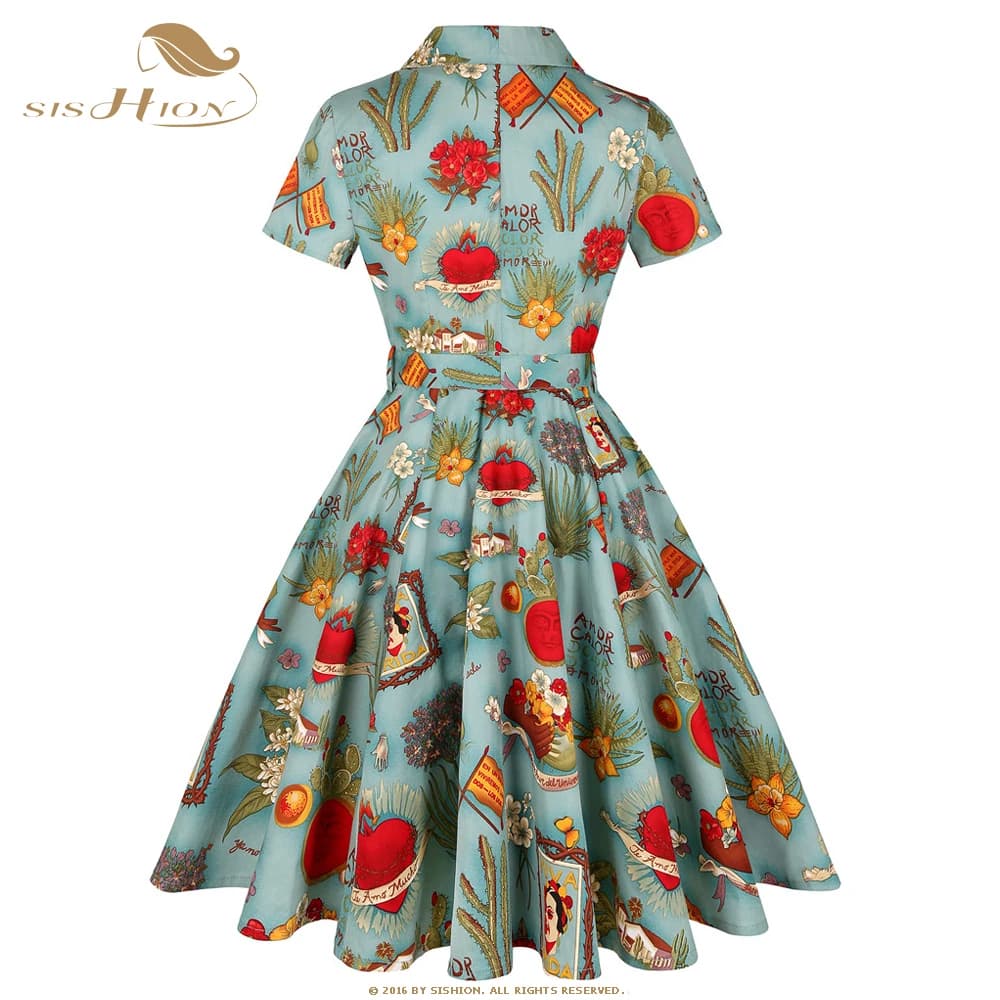 SISHION Short Sleeve Swing Retro 50s 60s Rockabilly Vintage Dress SD0002 Green Floral Print A Line Cotton Women Summer Dress
