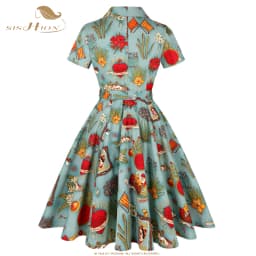 SISHION Short Sleeve Swing Retro 50s 60s Rockabilly Vintage Dress SD0002 Green Floral Print A Line Cotton Women Summer Dress