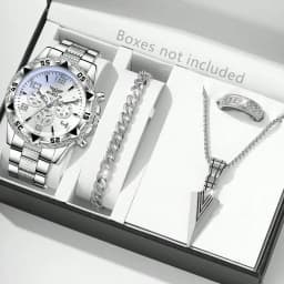 4PCS Silver Men's Fashion Casual Mixed Scale Dial Quartz Watch Bracelet Necklace Ring Set Suitable for Daily Wear Decoration