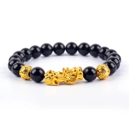 Pixiu Bracelet Feng Shui Wealth and Good Luck Bracelet Homme Wristband Gold Color Obisidian Stone Beads Black Six Character Gift