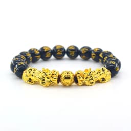 Pixiu Bracelet Feng Shui Wealth and Good Luck Bracelet Homme Wristband Gold Color Obisidian Stone Beads Black Six Character Gift