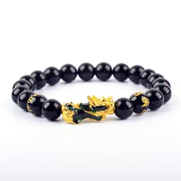 Pixiu Bracelet Feng Shui Wealth and Good Luck Bracelet Homme Wristband Gold Color Obisidian Stone Beads Black Six Character Gift