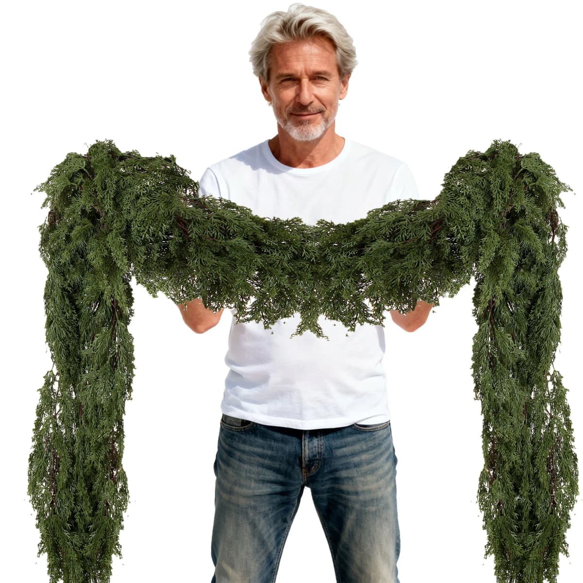 180cm Artificial Cedar Garlands, Real Touch Winter Cedar Pine Garland, Green Artificial Greenery Garland for Table, Mantle, Wall