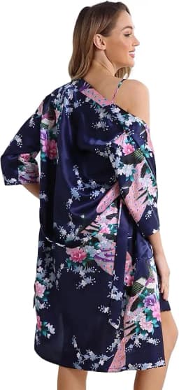 Women's Floral Satin Kimono Robe and Nightgown Set with Camisole 2 Piece Sleepwear Peacock Bathrobe
