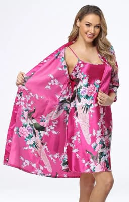 Women's Floral Satin Kimono Robe and Nightgown Set with Camisole 2 Piece Sleepwear Peacock Bathrobe
