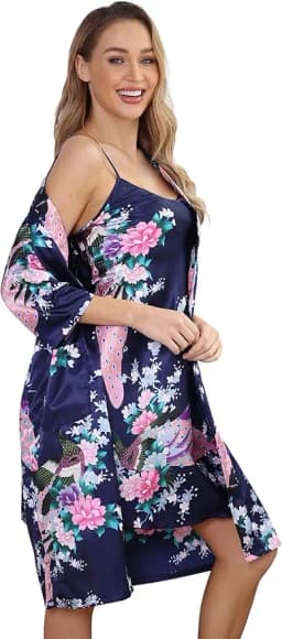 Women's Floral Satin Kimono Robe and Nightgown Set with Camisole 2 Piece Sleepwear Peacock Bathrobe