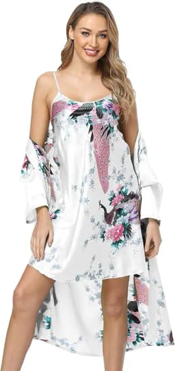 Women's Floral Satin Kimono Robe and Nightgown Set with Camisole 2 Piece Sleepwear Peacock Bathrobe