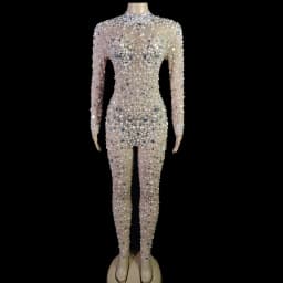 Luxury Pearls Mirrors Rhinestones Mesh Transparent Jumpsuit Gloves Lady Evening Prom Party Birthday Celebrate Outfit Stage Wear