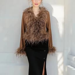 Women See-Through Top with Real Ostrich Feather Brown Black Cropped Jacket Top Bolero 240711