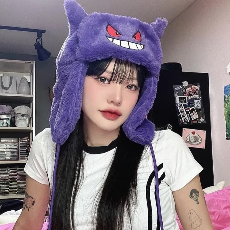 Kawaii Gengar Plush Hat Anime Winter Keep Warm Ski Windbreak Hats Cartoon Cosplay Cap Outdoors By Bike Caps Kid Festival Gifts