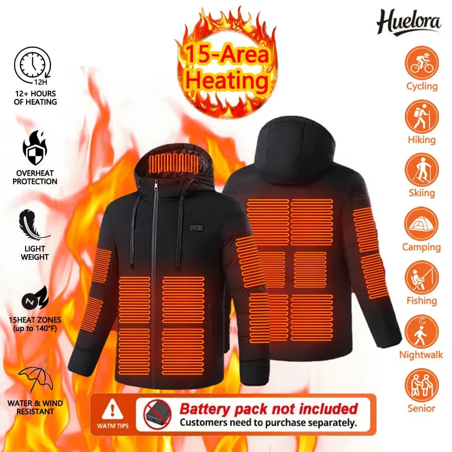 15 Area Heated Hooded Jacket Male Warm Heated Jacket Female Winter Outdoor Sport Warm Hooded Coat (Not Included The Power Bank)