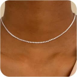 Tennis Bracelet Necklace Women 14K Gold/Silver Plated Rhinestone Choker Necklace Dainty Cubic Zirconia Cut Faux Diamond Chain