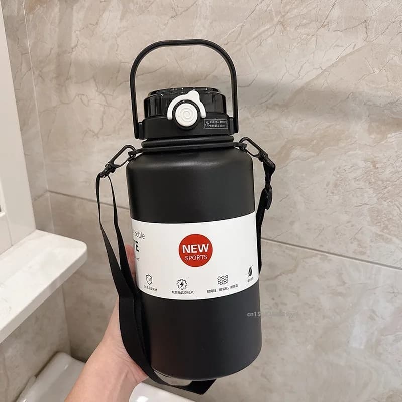 800ml/2000ml Large Capacity Stainless Steel Insulated Water Jug with Strap Handle and Straw Leakproof Vacuum Thermos Mug Sports