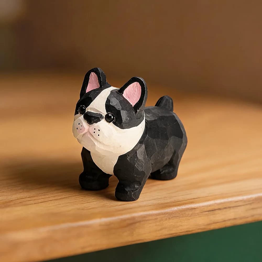 Hand Carved Wooden French Bulldog Figurine Natural Solid Basswood Hand Painted Frenchie Statue Cute Dog Tabletop Ornament