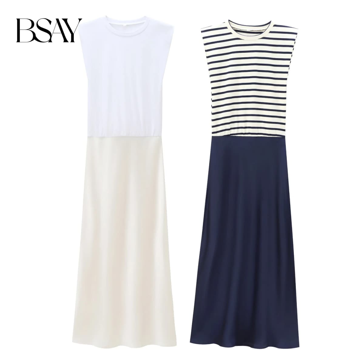 BSAY Women Fashion Summer New Splice Stripes Round Neck Pullover Sleeveless Long Dress French Chic Female Evening Clothing