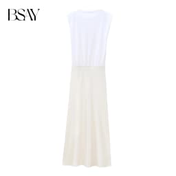 BSAY Women Fashion Summer New Splice Stripes Round Neck Pullover Sleeveless Long Dress French Chic Female Evening Clothing