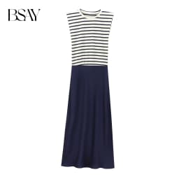BSAY Women Fashion Summer New Splice Stripes Round Neck Pullover Sleeveless Long Dress French Chic Female Evening Clothing