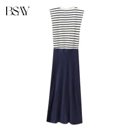 BSAY Women Fashion Summer New Splice Stripes Round Neck Pullover Sleeveless Long Dress French Chic Female Evening Clothing