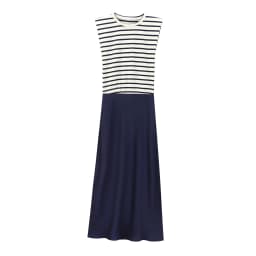BSAY Women Fashion Summer New Splice Stripes Round Neck Pullover Sleeveless Long Dress French Chic Female Evening Clothing