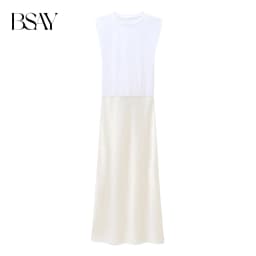 BSAY Women Fashion Summer New Splice Stripes Round Neck Pullover Sleeveless Long Dress French Chic Female Evening Clothing