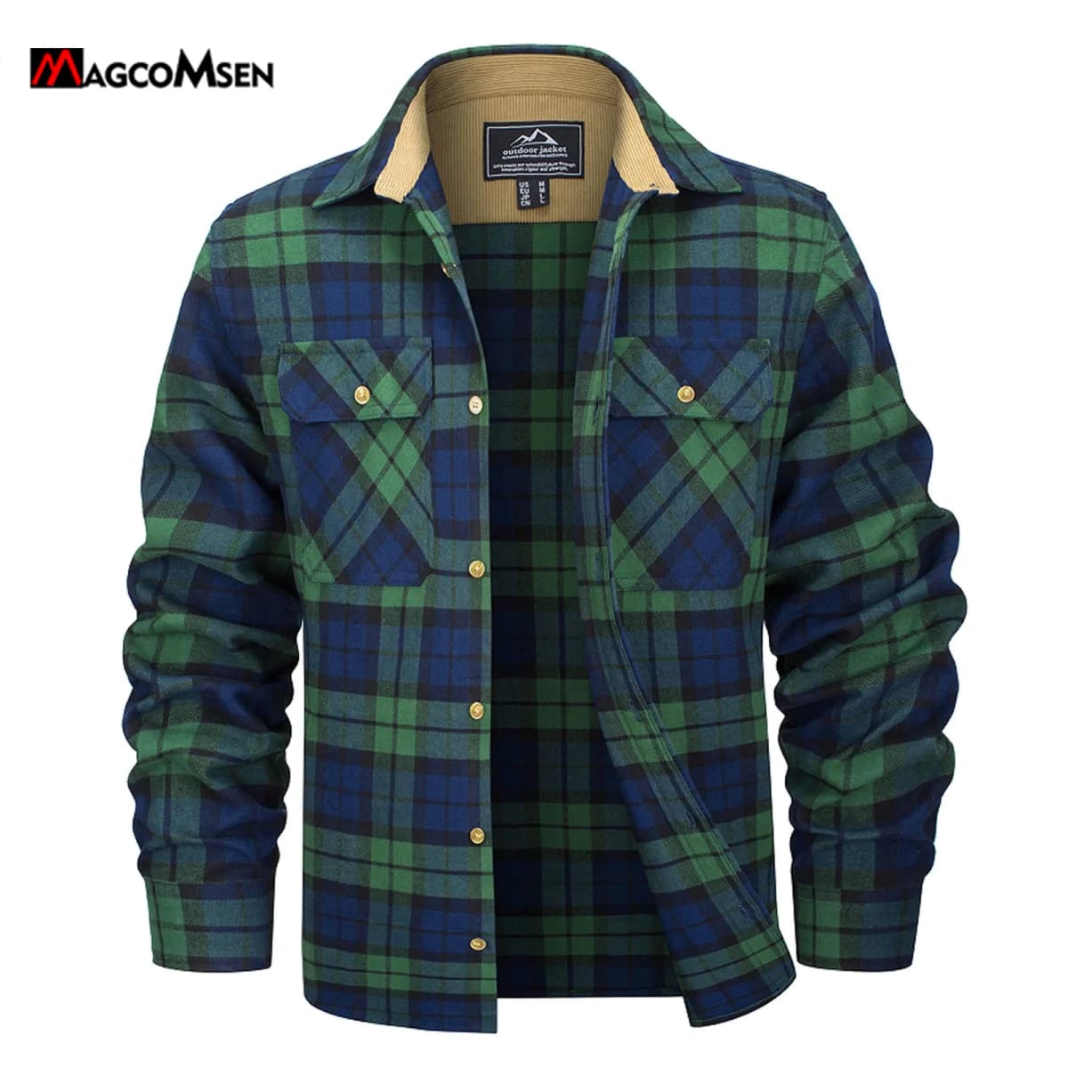 MAGCOMSEN Men's Cotton Flannel Shacket Plaid Shirt Long Sleeve Corduroy Collar 2 Chest Pockets Casual Work Overshirt Outdoor