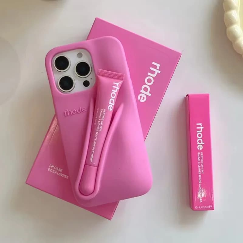 Hot‑Sell Rhode Lipstick Holder Cover w/ Box for iPhone 11‑17 Pro Max Air, Shock‑Proof Stylish Silicone Girls Makeup Accessory