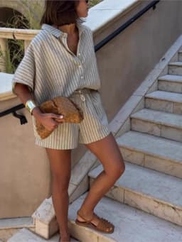 Summer Women's Striped Shirt Casual Shorts Suit Women's Two-piece Set Loose Beach Style Women's Knitted Suit Matching Pants