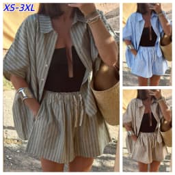 Summer Women's Striped Shirt Casual Shorts Suit Women's Two-piece Set Loose Beach Style Women's Knitted Suit Matching Pants