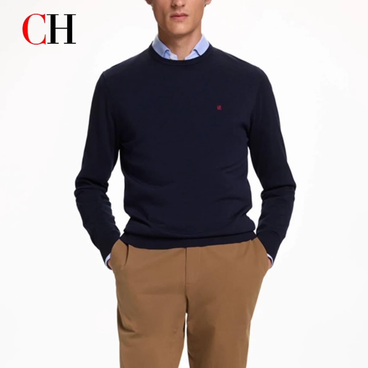 CH Men's Crew Neck Sweater Slim Fit Long Sleeve Knit Pullover with Red Embroidery Business Casual Top