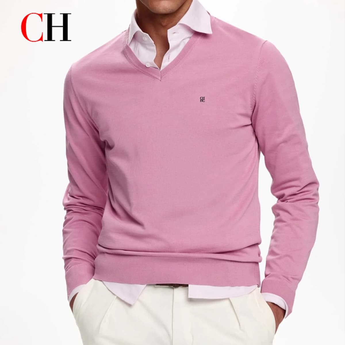 CH Men's V-Neck Sweater Slim Fit Long Sleeve Knit Pullover with Small Embroidery Business Casual Top