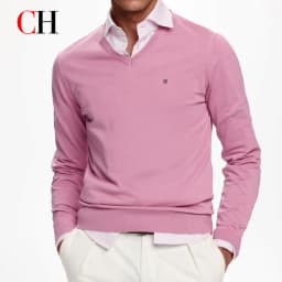 CH Men's V-Neck Sweater Slim Fit Long Sleeve Knit Pullover with Small Embroidery Business Casual Top