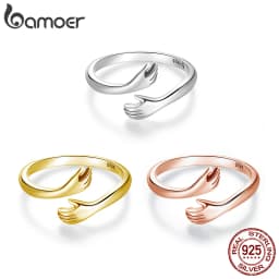 BAMOER 925 Sterling Silver Hug Open Ring Warm Love Hand Adjustable Glossy Ring for Women, His Big Loving Family Party Gift