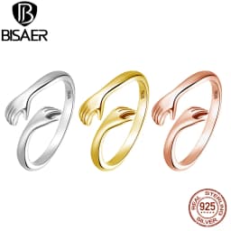 BISAER 925 Sterling Sliver Hand Hug Open Ring Heart Forever 3 Colors Rings Plated Platinum For Women Party Wedding Fine Jewelry