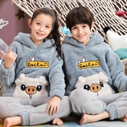 Winter Warm Teenage Pajamas Animal Cartoon Kids Pijamas Set Coral Fleece Plush Home Clothes Suit Hooded Flannel Boys Sleepwear